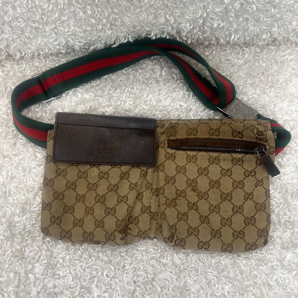 Gucci Gg Monogram Web Double Pocket Belt Bag Dark Brown